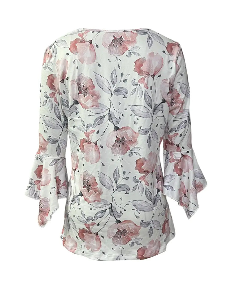 Flare Sleeve Printed Ruffle Blouse