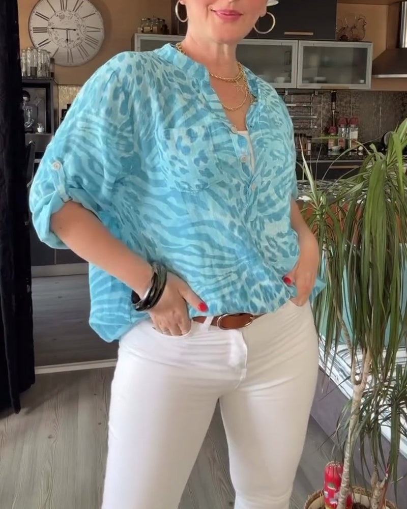 Printed V-neck pocket button three-quarter sleeves blouse