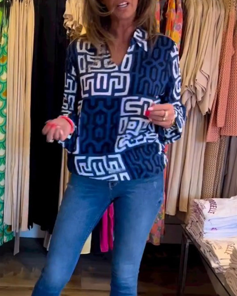 Long Sleeve V Neck Printed Top