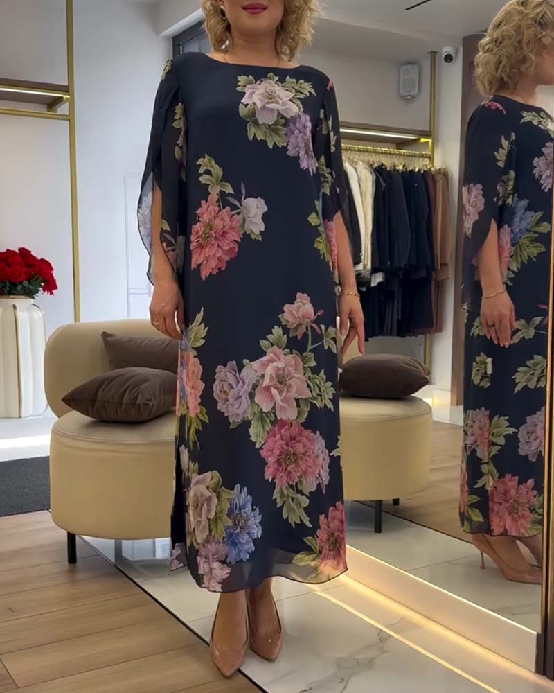 Round Neck Floral Slit Dress