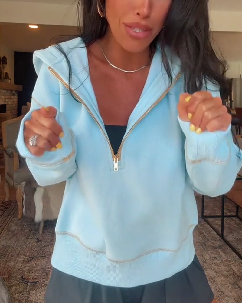 Casual Hooded Solid Color Zipper Sweatshirt