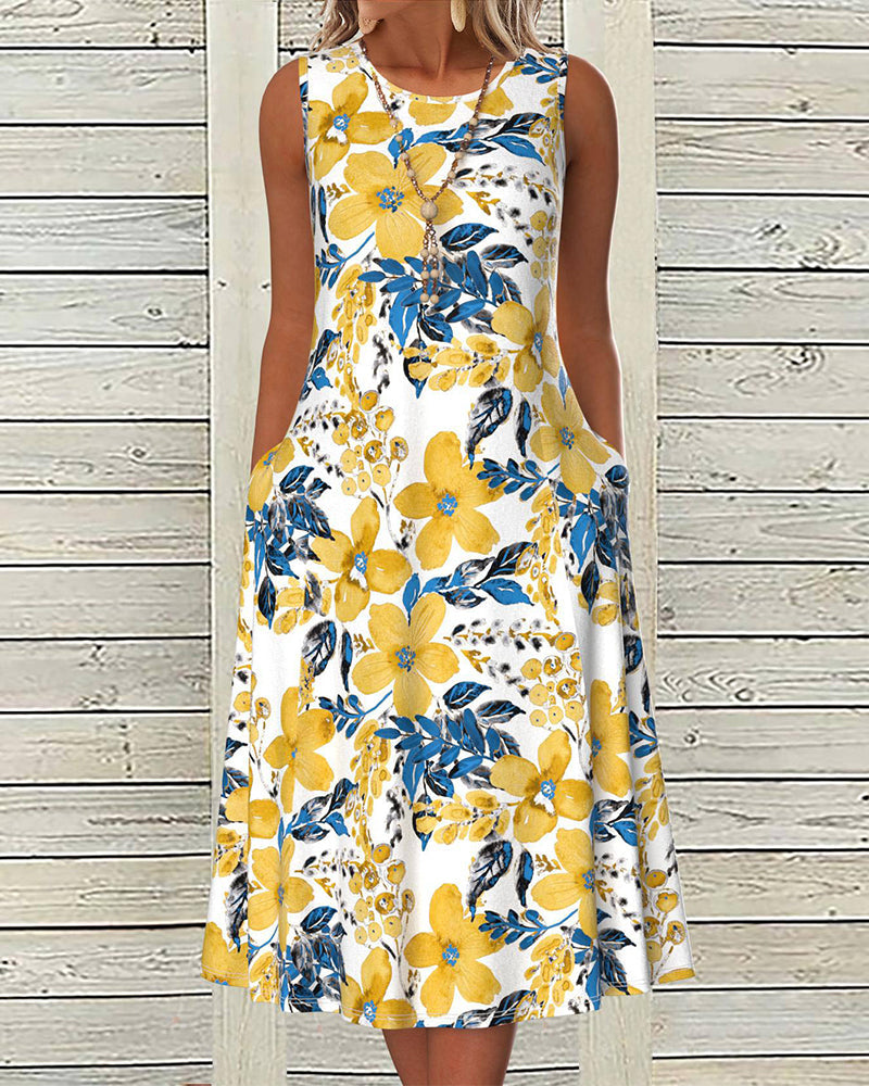 Floral print sleeveless pocket dress