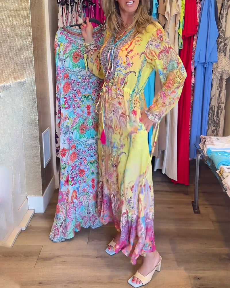 Long sleeve printed resort dress