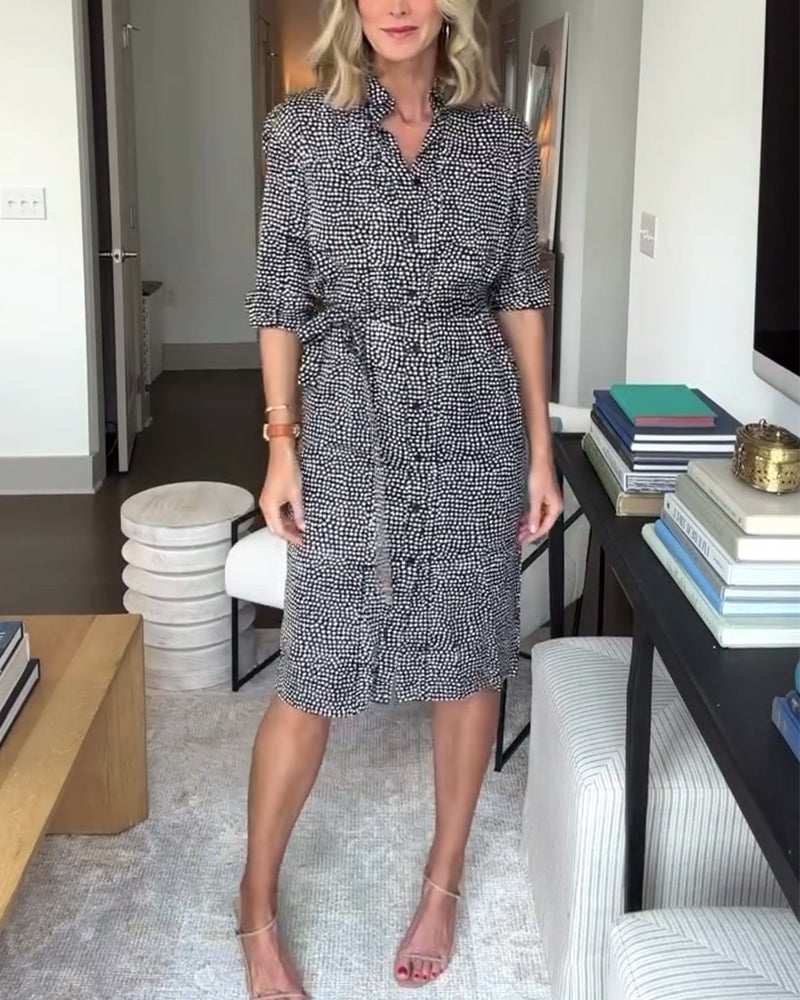 Print lapel button dress