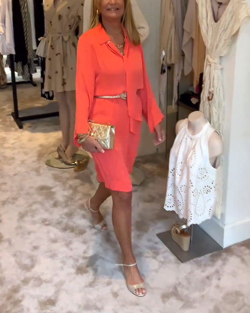 Lapel solid color ribbon dress