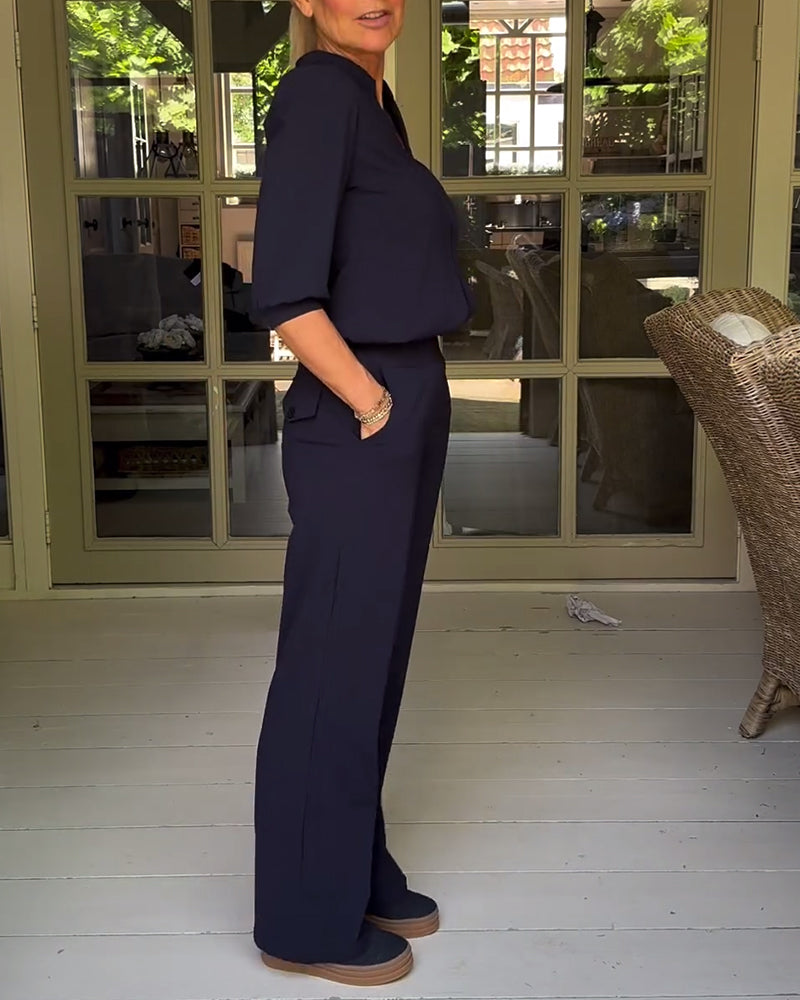 Fashion solid color V-neck pocket set