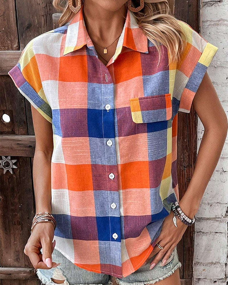 Colorful plaid print casual short-sleeved shirt