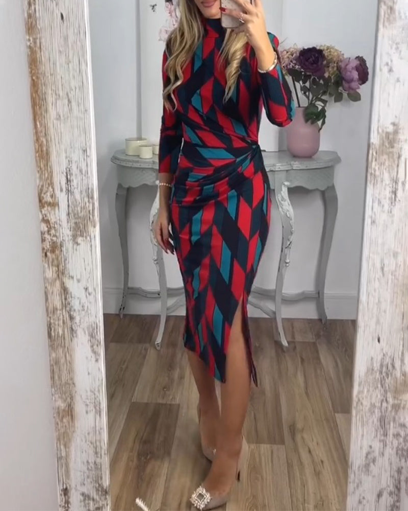 Diamond pattern print slit dress