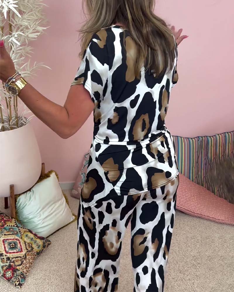 Leopard print lace-up casual two-piece set