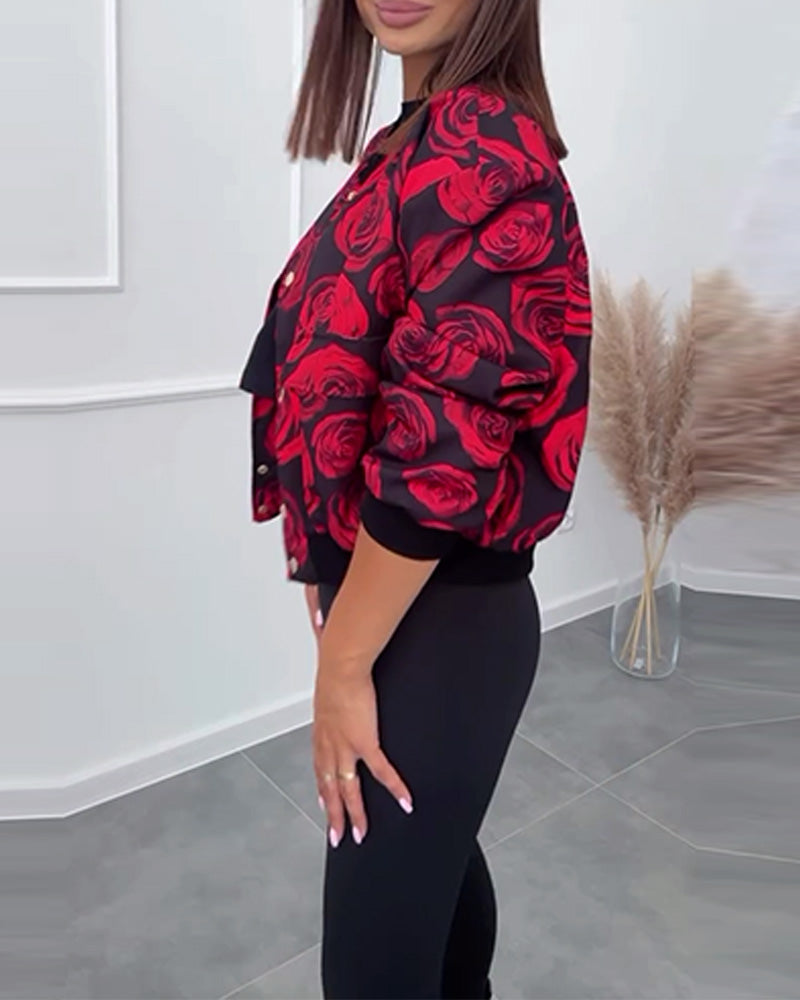 Rose print button casual jacket