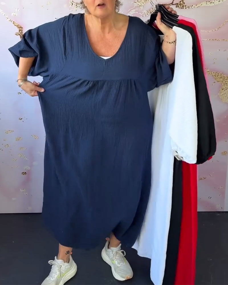 Forest Style V-Neck Pleated Solid Color Dress