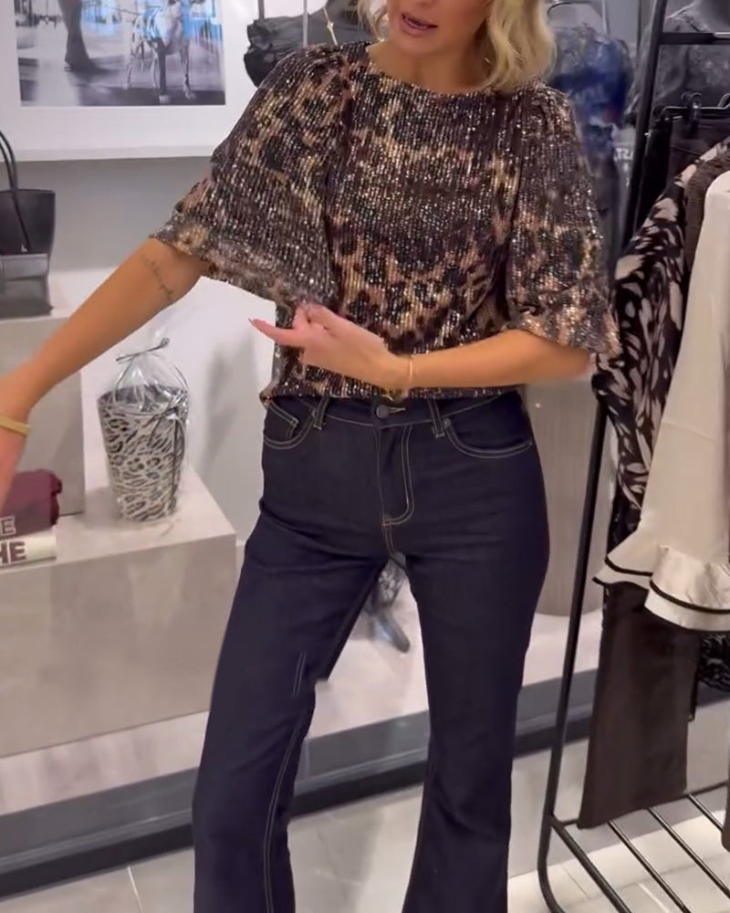 Lantern-Sleeve Sequined Leopard-Print Blouse
