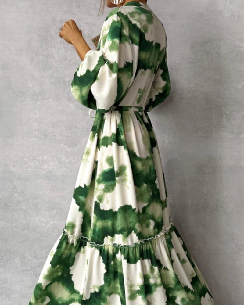 Elegant tie-dye patchwork drawstring balloon sleeve dress