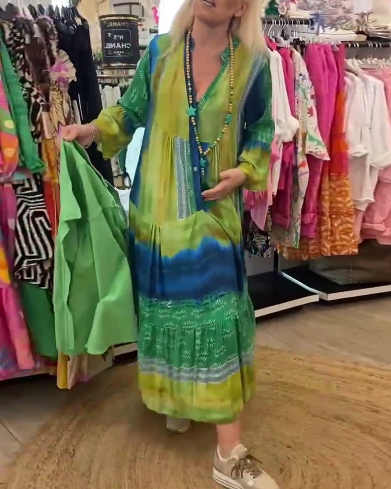 Printed casual V-neck flare sleeve long dress