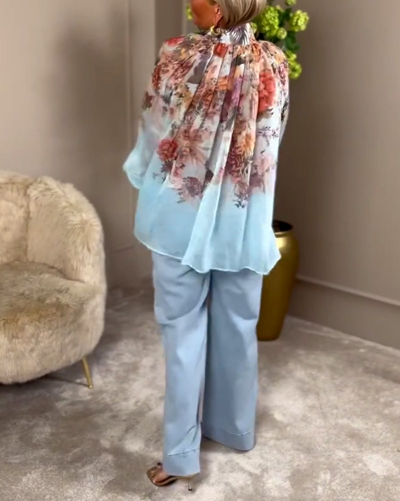 Lantern Sleeve Stand Collar Print Shirt