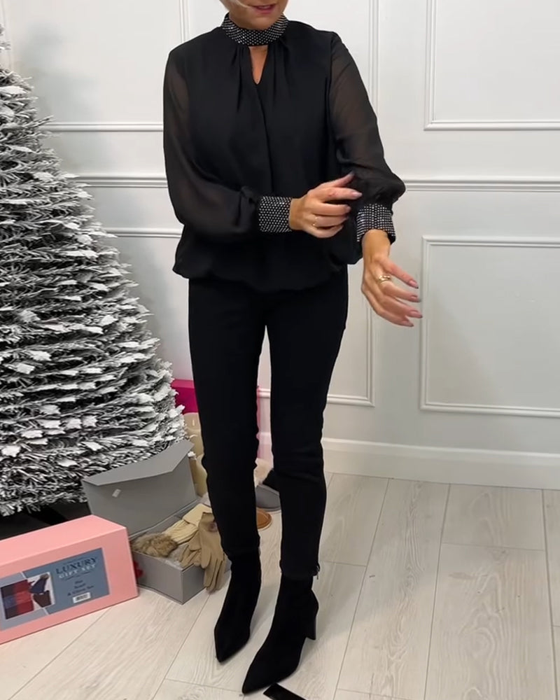 Fashion solid color stand collar patchwork hollow blouse