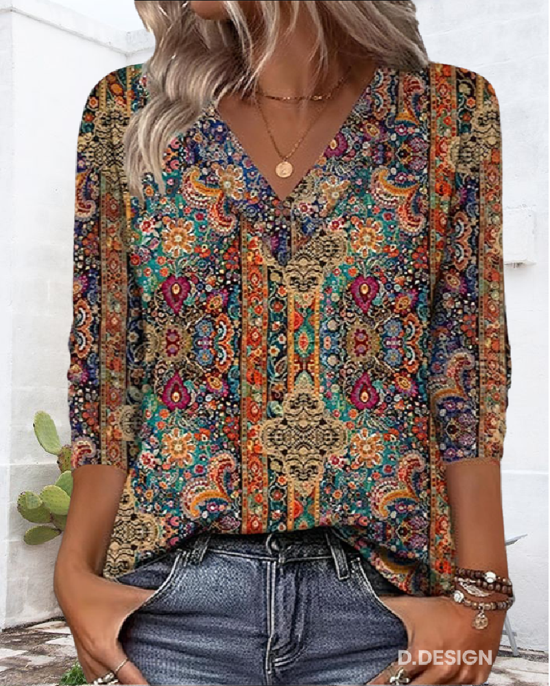 Retro Printed V Neck Blouse