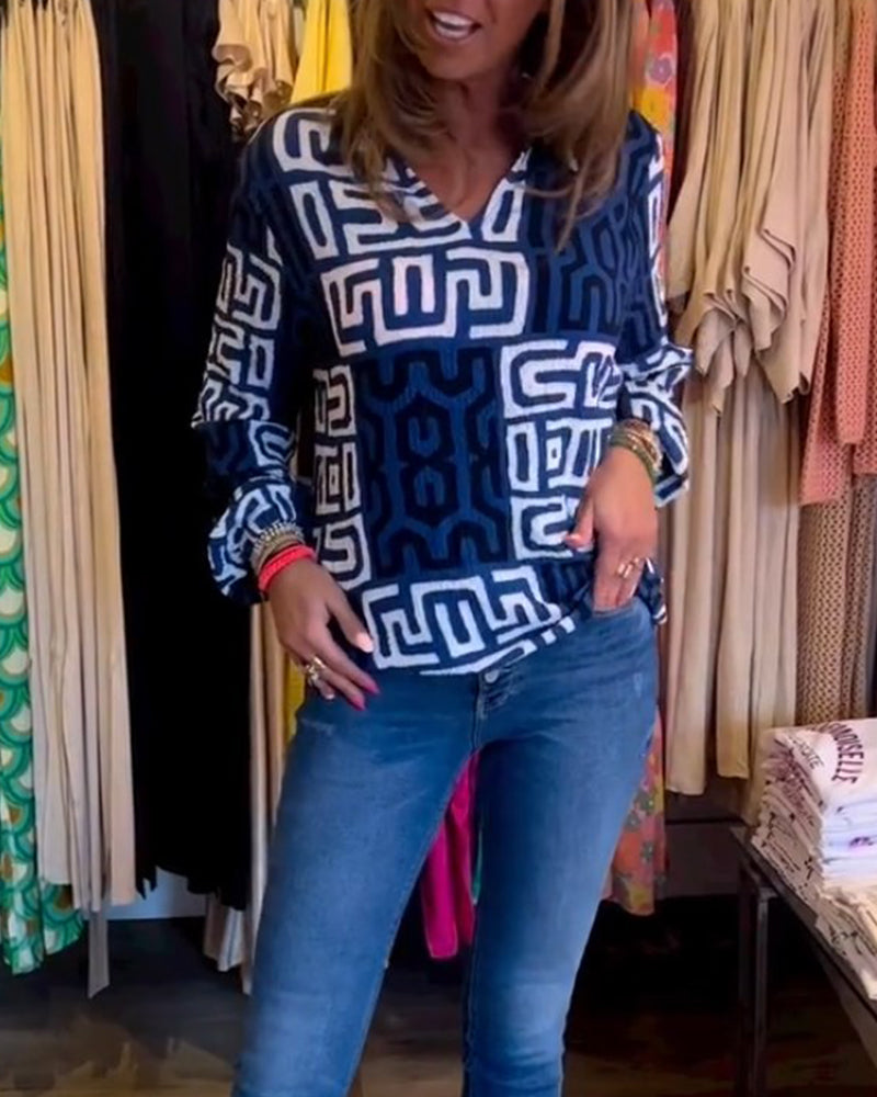 Long Sleeve V Neck Printed Top