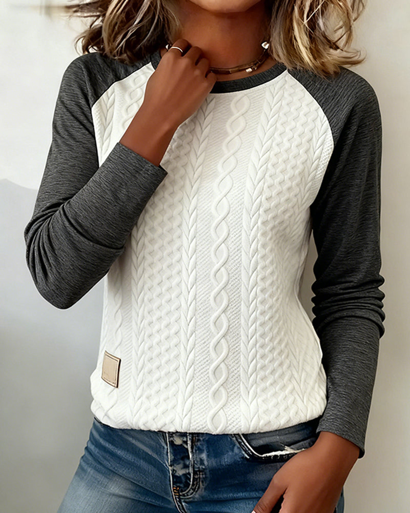 Long-Sleeved Color-Blocked Jacquard Top