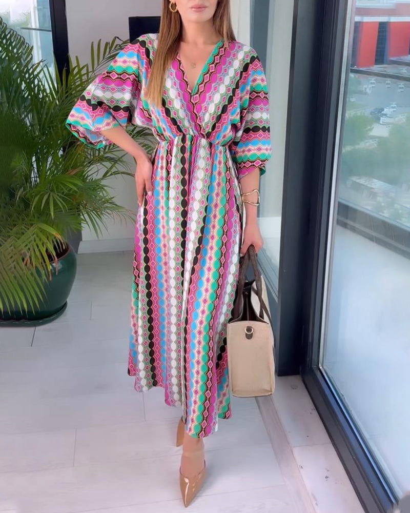 Colorful patchwork printed V-neck three-quarter sleeve dress