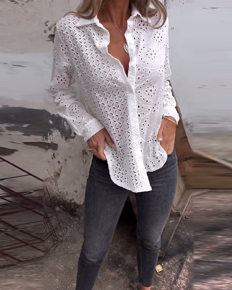 Long-Sleeved Lapel Cutout Shirt