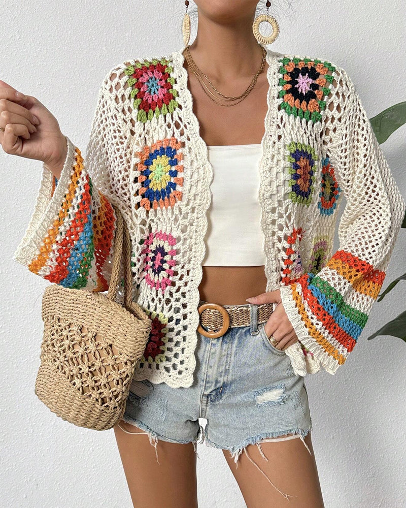 Casual colorful hollow long-sleeve cardigan