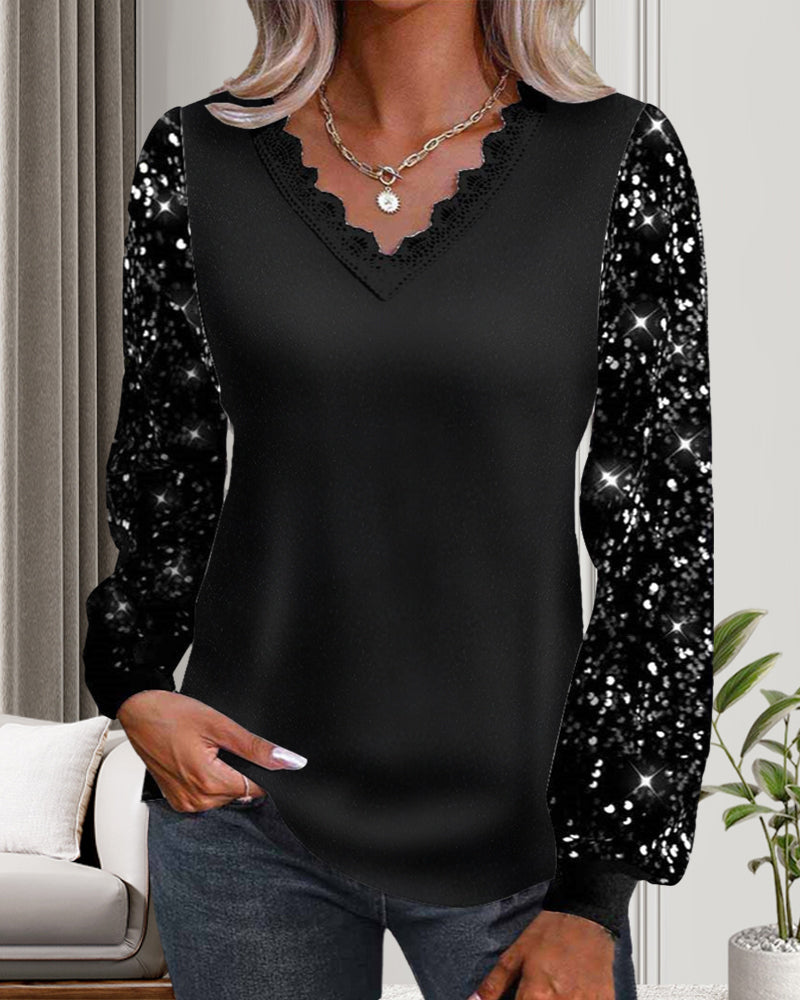 Casual solid color sequin V-neck top