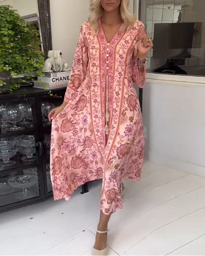 Elegant printed V-neck button drawstring dress