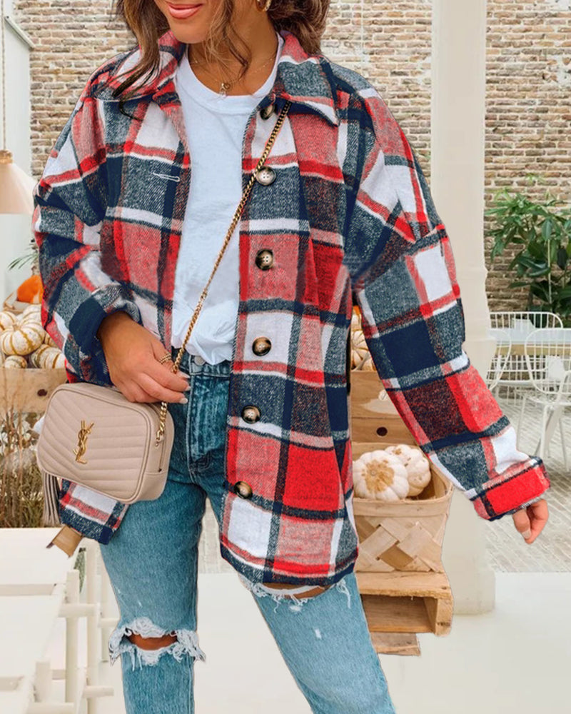 Casual plaid print button lapel jacket