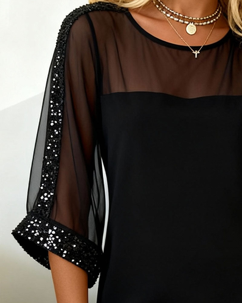 Sequin Paneled Mesh Crew Neck Dress