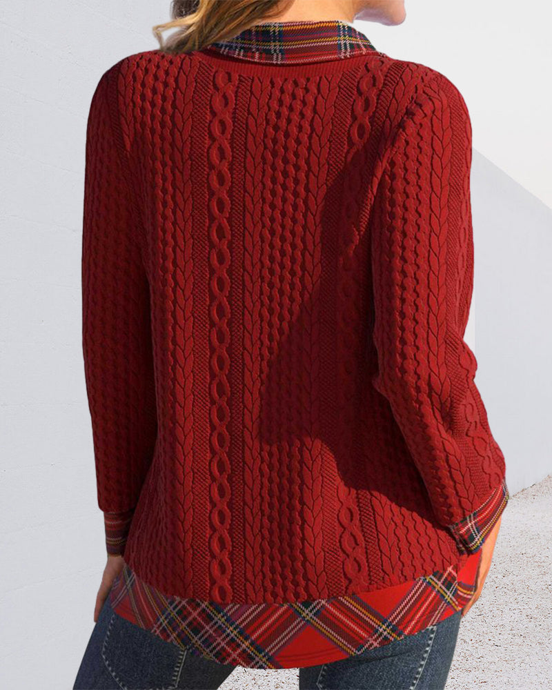 Plaid patchwork lapel sweatshirt