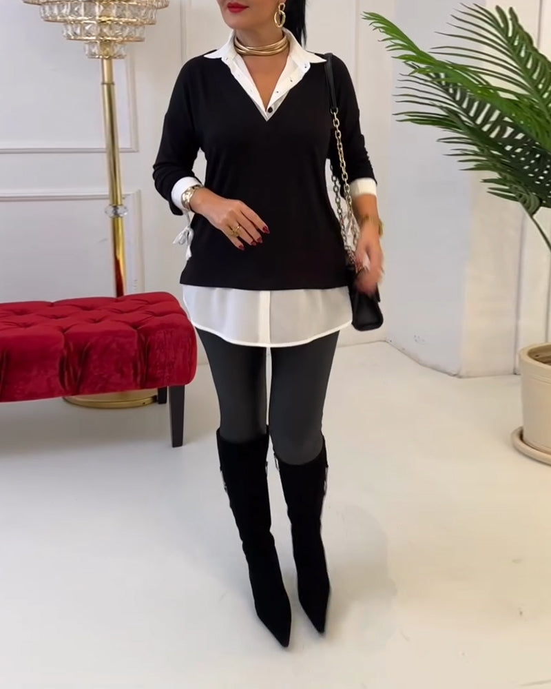 Lapel Black And White Patchwork Top