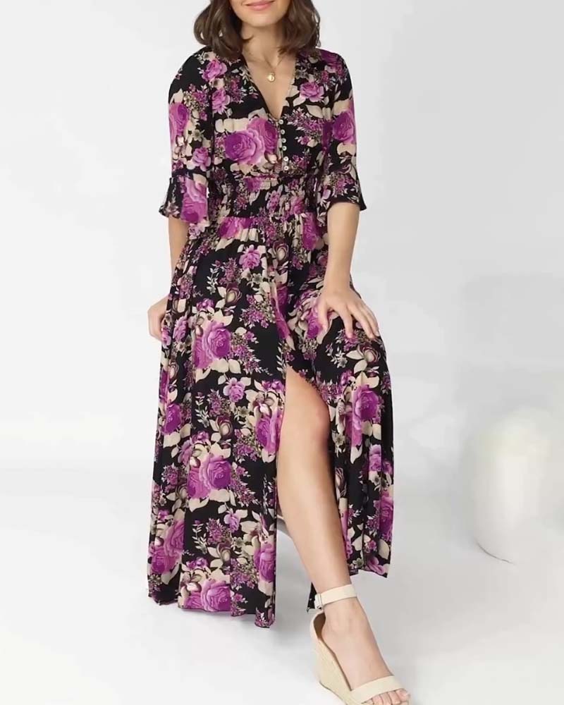 Floral Print V Neck Maxi Dress