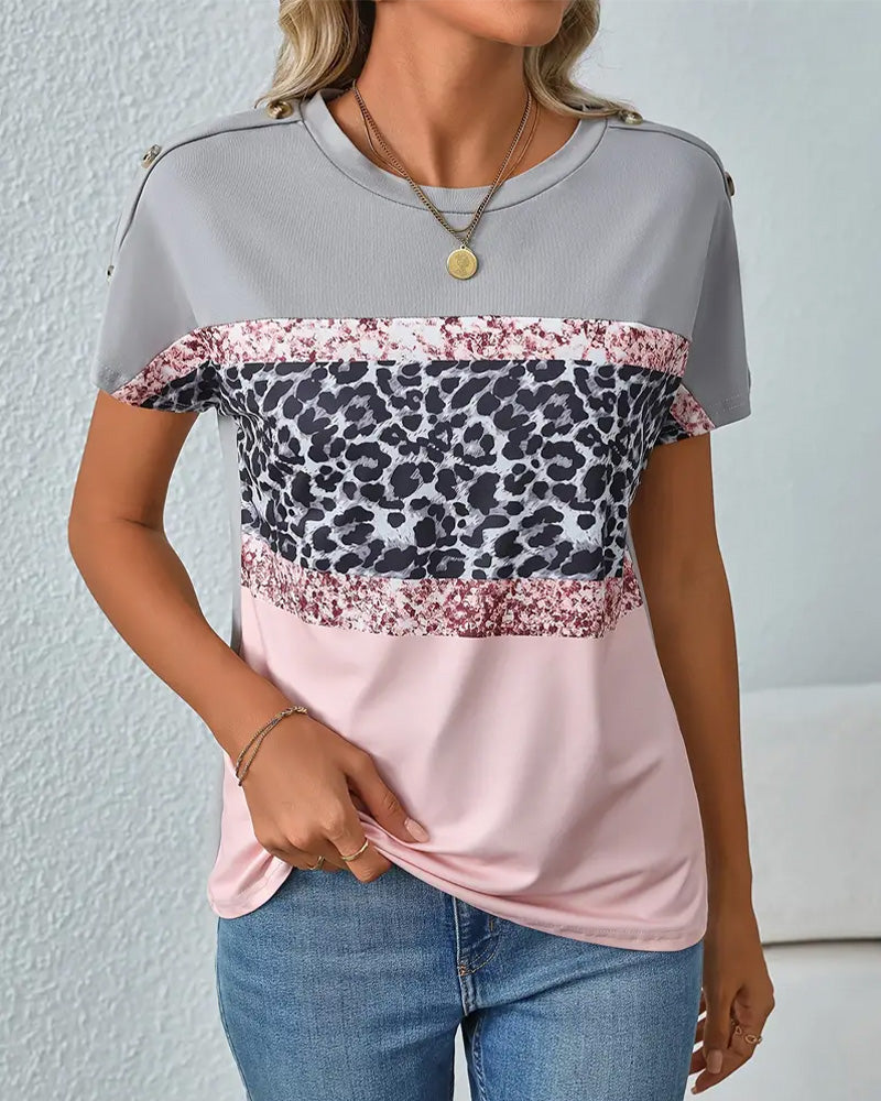 Crew Neck Leopard Print Color Block T-Shirt