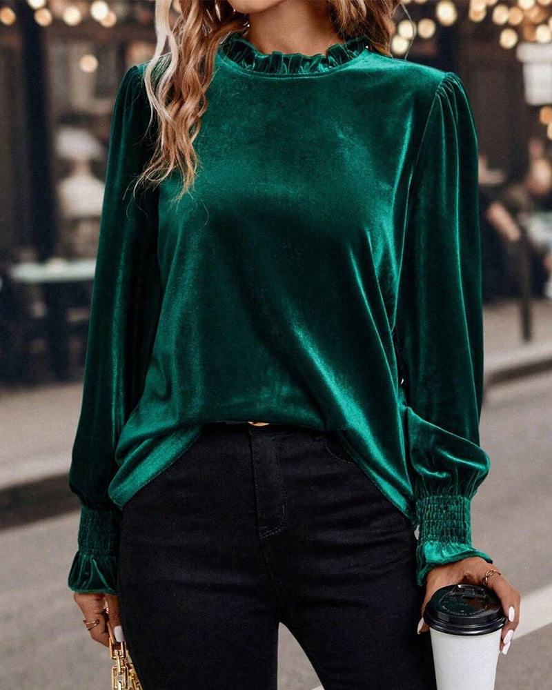 Ruffled Velvet Long Sleeve Top
