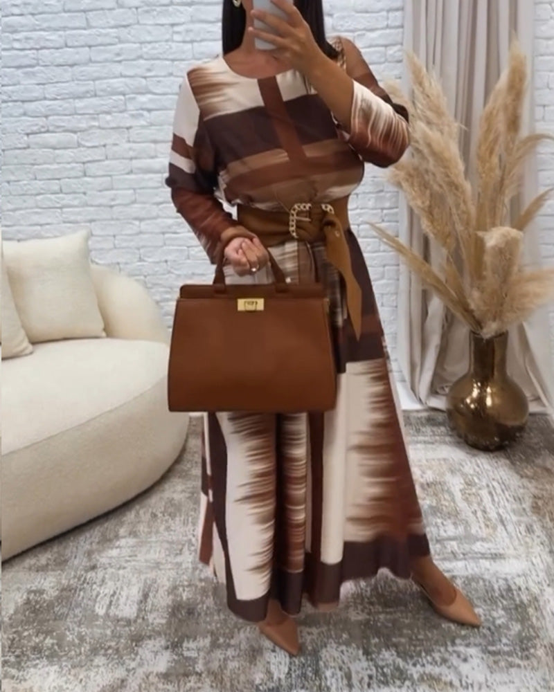 Retro contrast color round neck long sleeve dress