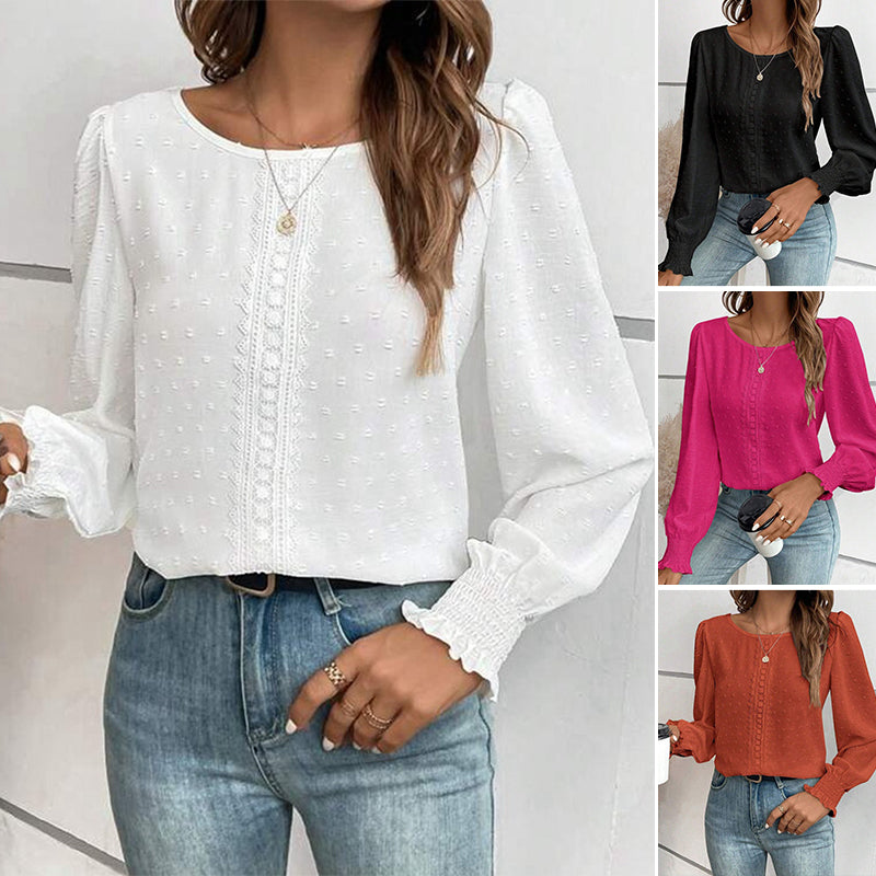 Simple Round Neck Solid Color Blouse