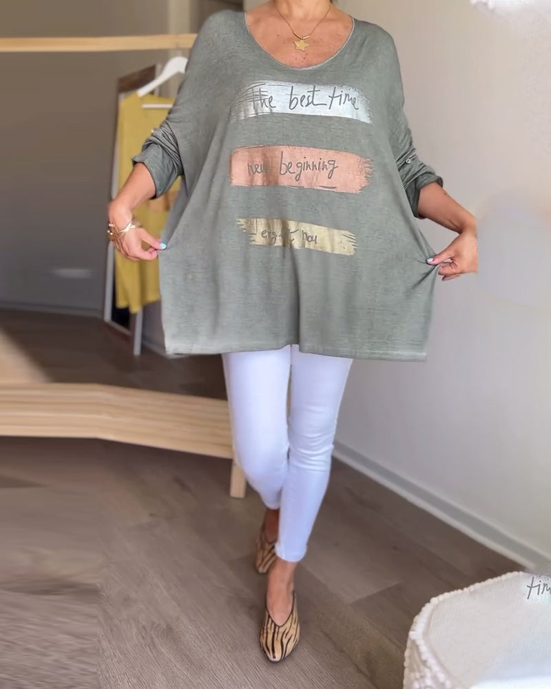 Long sleeve round neck letter print top