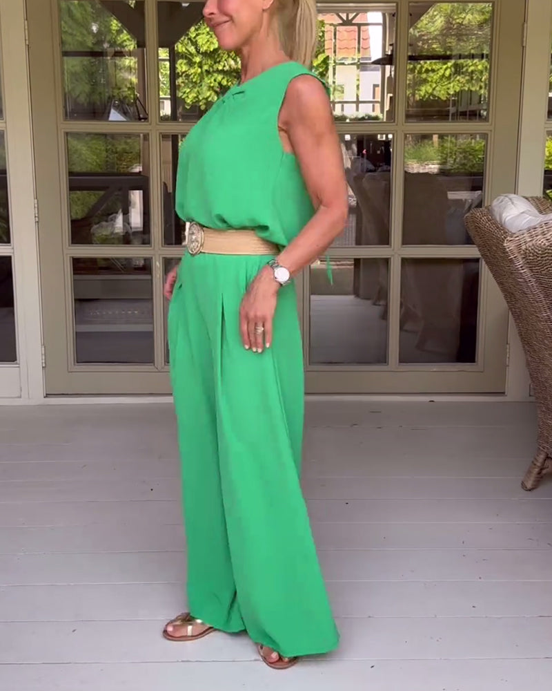 Solid color sleeveless hollow tank top wide leg pants set