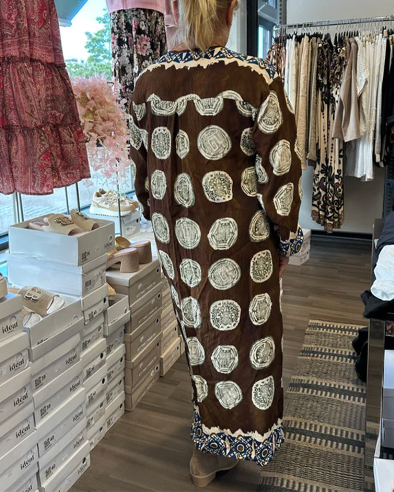 Long-Sleeved V-Neck Printed Dress