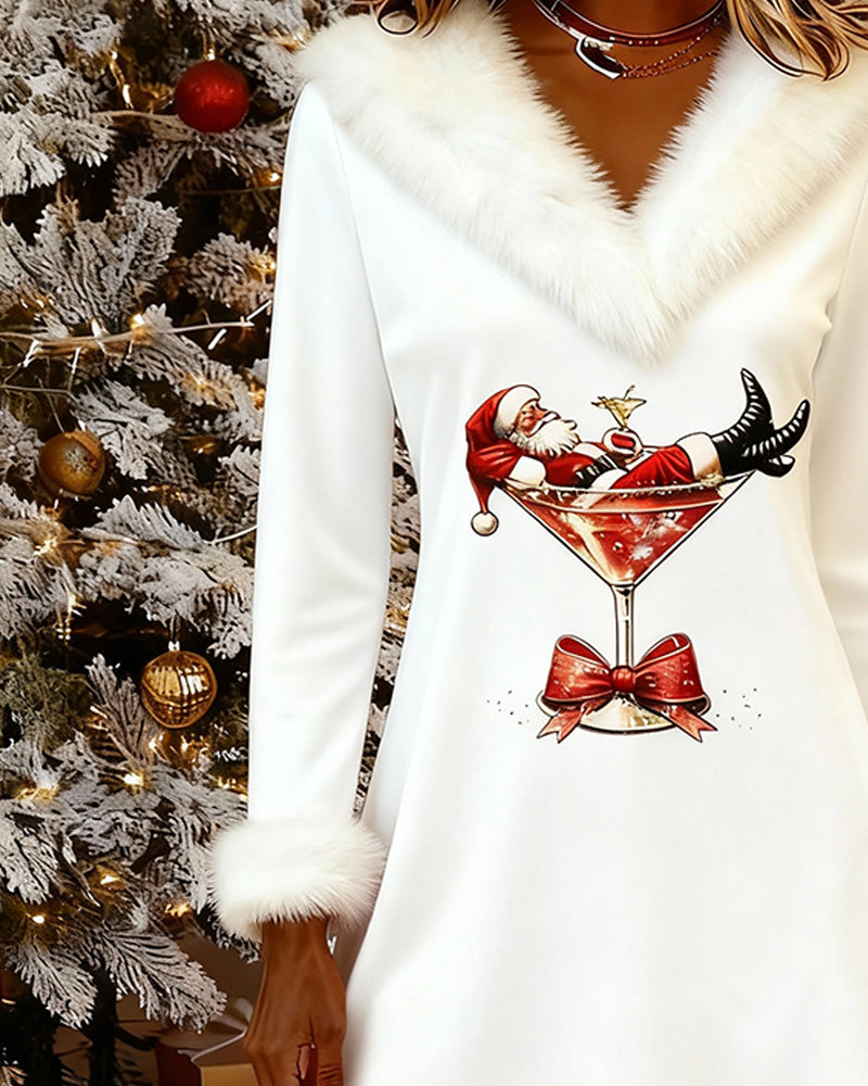 Fur Collar Christmas Print Dress
